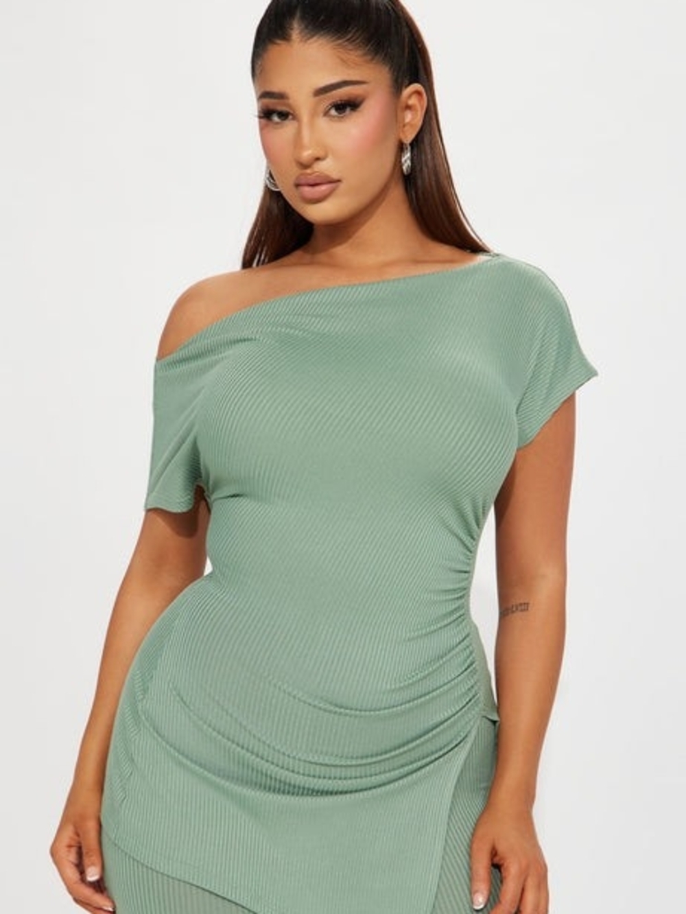 Fashion Nova One-Shoulder Ribbed Midi Dress in Sage
